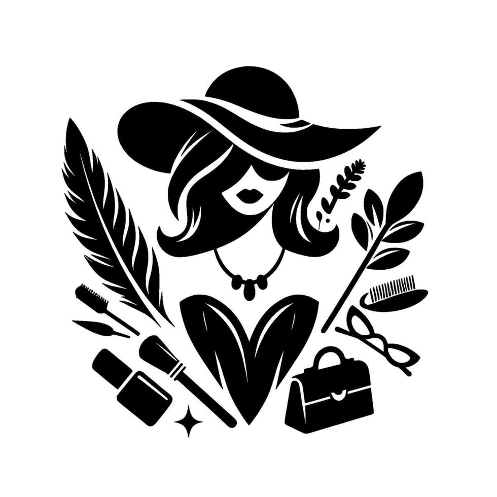 Elegant silhouette of a woman with a hat surrounded by beauty fashion elements, featuring a feather, makeup, and accessories. vector