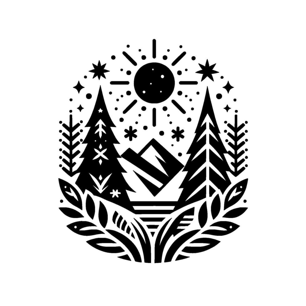 Black and white minimalist nature illustration depicting a stylized winter landscape, with trees, mountains, sun, and stars within an oval frame. vector