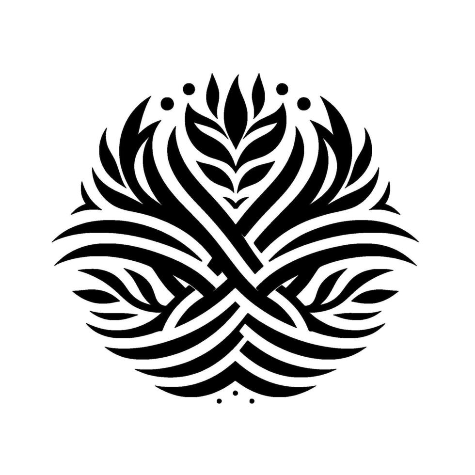A symmetrical, stylized botanical illustration in monochrome, featuring intertwined leaflike forms radiating outward, resembling a floral emblem or element. vector