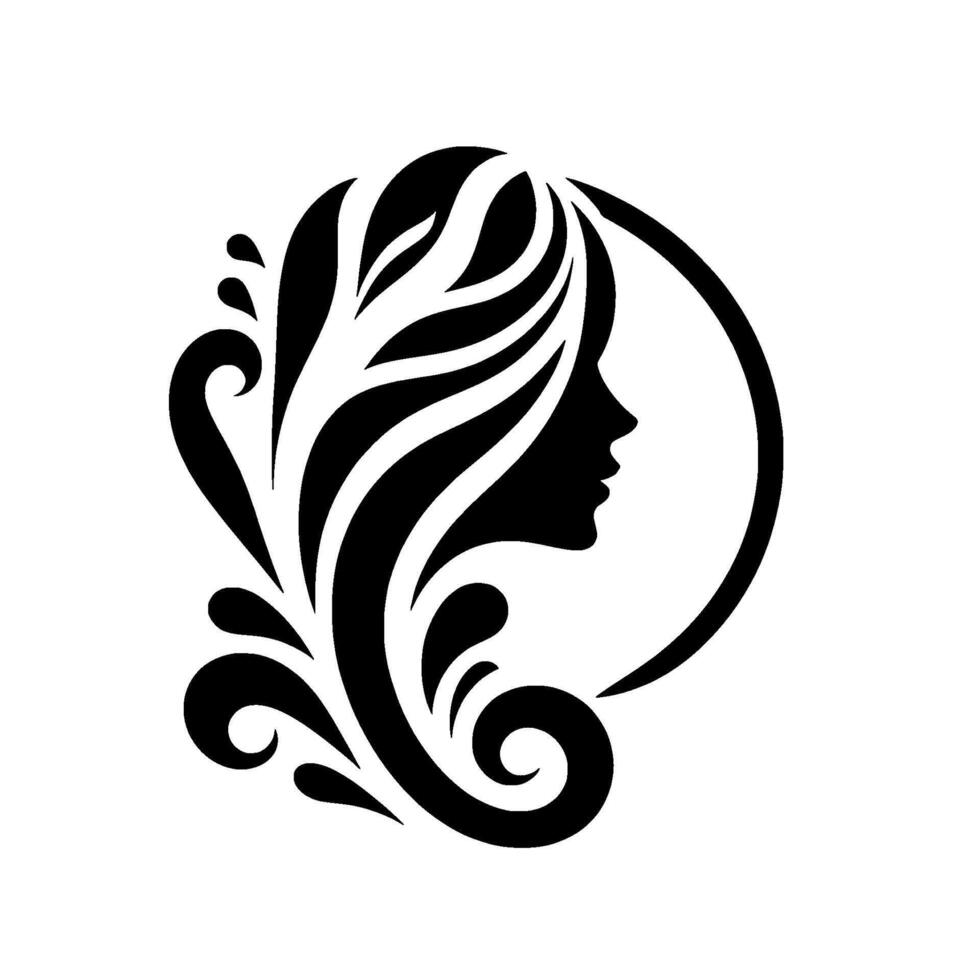 Elegant silhouette of a womans profile with flowing hair and decorative flourishes within a circular frame, in a modern minimalist style. vector