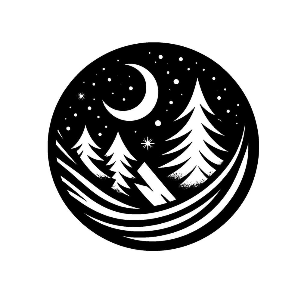 Monochrome nightscape a stylized winter scene enclosed in a circle, featuring trees, moon, stars, and a mountain silhouette. vector