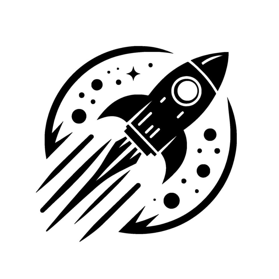 Black and white silhouette of a rocket blasting off inside a circle with starry elements, representing space exploration and innovation. vector