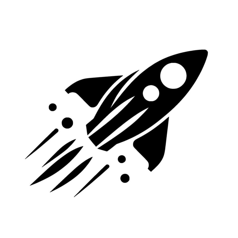 Bold, minimalist illustration of a black rocket launching upwards against a white background, with exhaust trails and a clean, aesthetic. vector