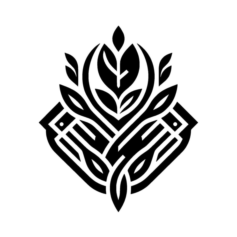 A symmetrical black and white minimalist featuring stylized leaves and interwoven lines, creating a modern, elegant emblem on a clean white backdrop. vector