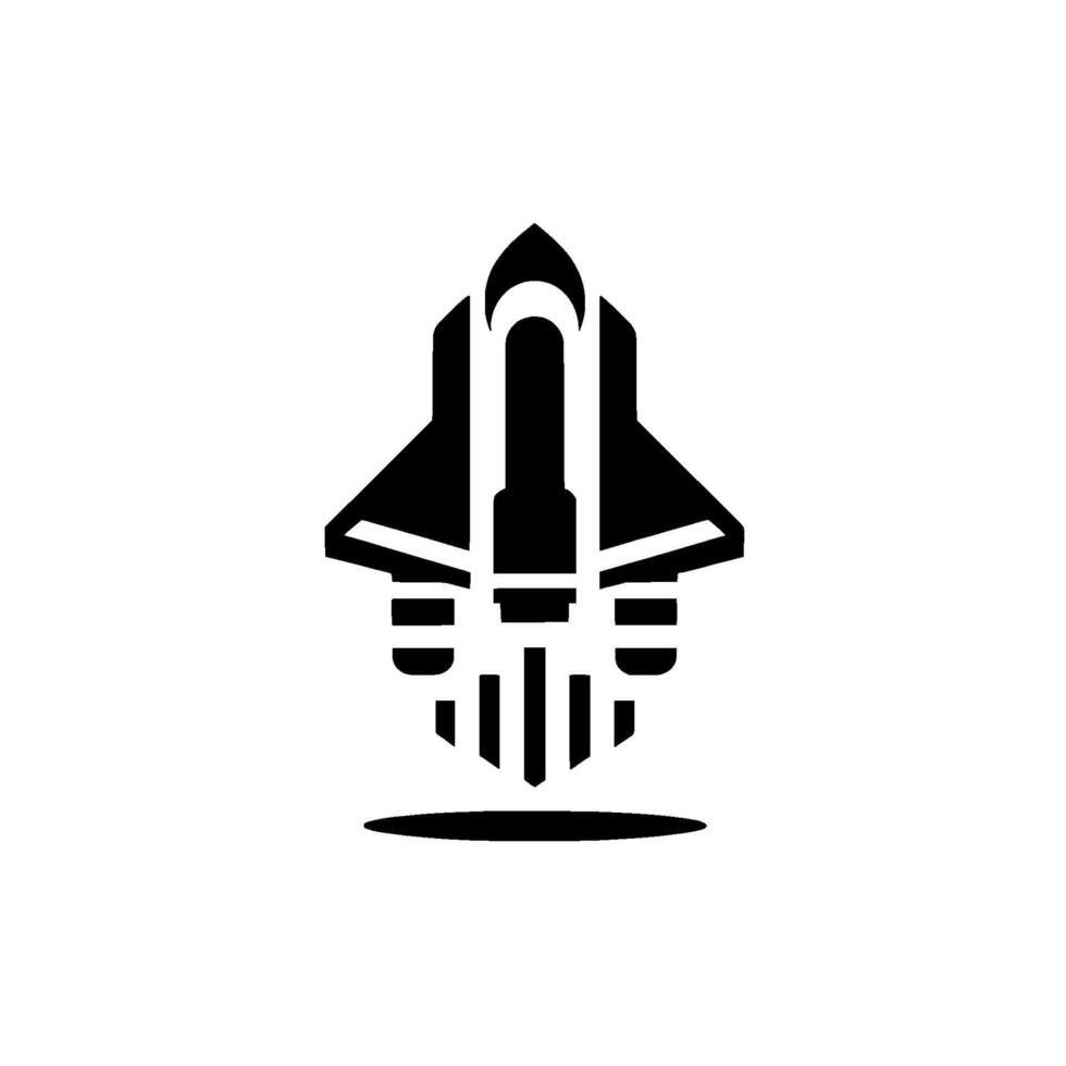 A stylized, black and white, minimalist illustration of a space shuttle taking off, with clean lines against a gradient background. vector