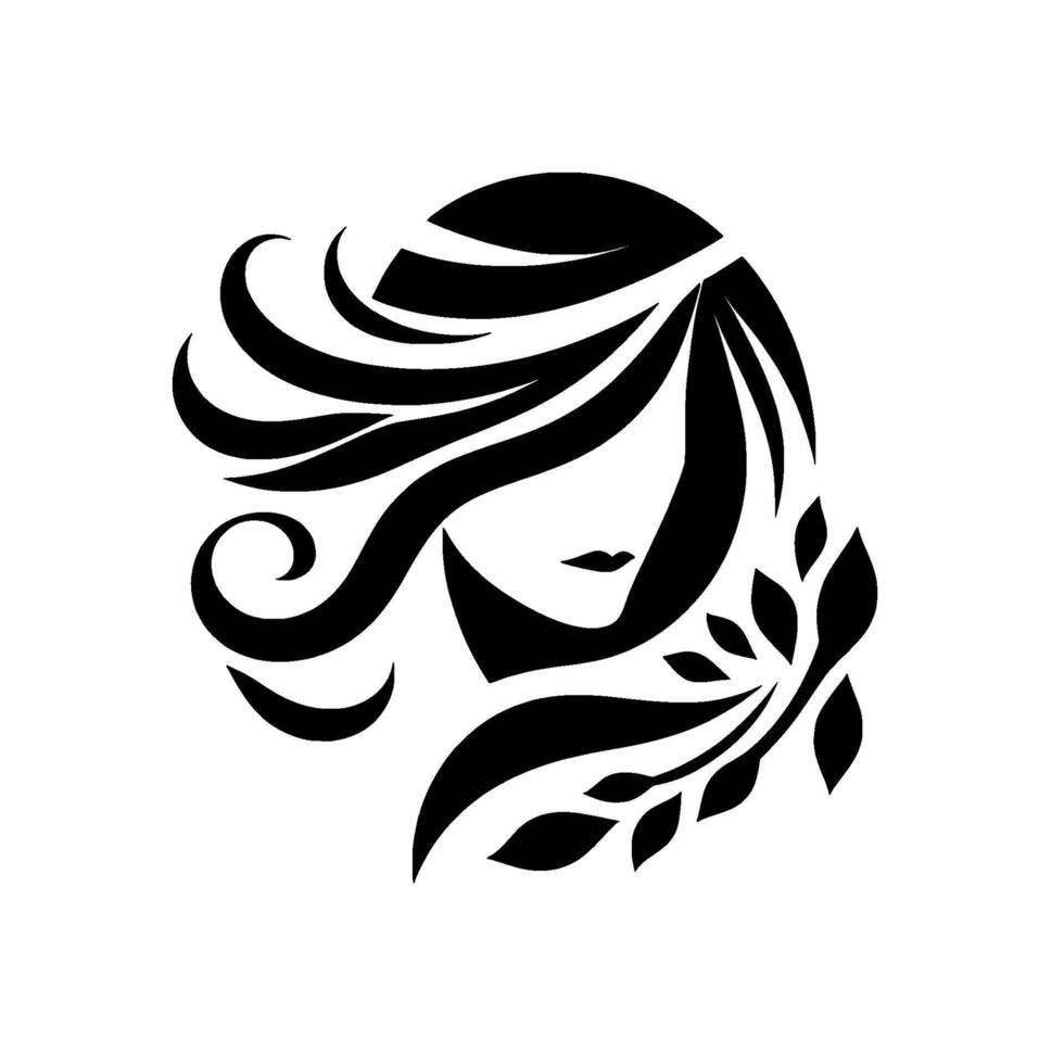 Elegant black and white illustration of a womans silhouette, surrounded by flowing hair and delicate leafy vines on a clean, minimalist background. vector