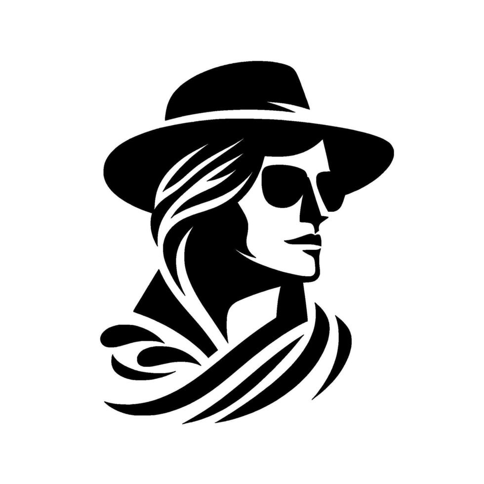 Elegant black and white silhouette of a woman in a fedora and sunglasses, with flowing hair and scarf. vector