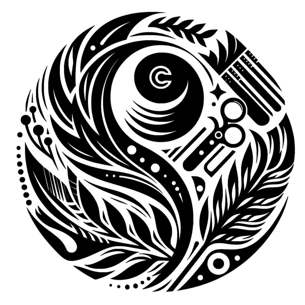 Intricate black white circular featuring a stylized c, floral and mechanical elements, within a bold, dynamic composition. vector