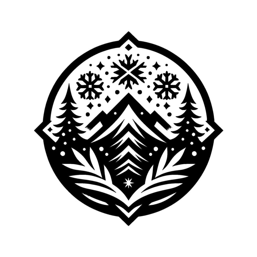 A symmetrical, black and white winter scene within an emblem, depicting snowcapped mountains, evergreen trees, and falling snowflakes. vector