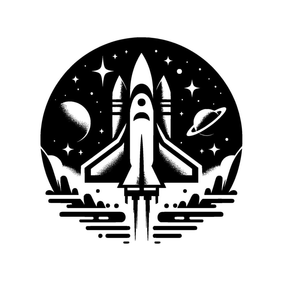 A retrofuturistic black and white illustration of a rocket ship launching into space, within a circular frame showcasing planets and stars. vector
