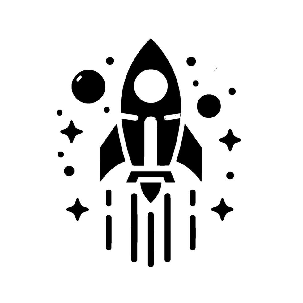 Stylized black rocket blasting off amidst celestial bodies a modern space exploration against a white background vector