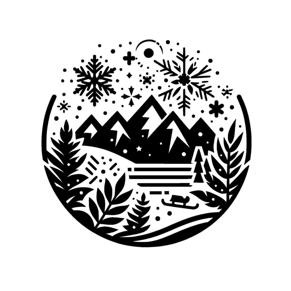 A stylized, black and white winter scene inside a circle, featuring mountains, snowflakes, trees, a sled, and stars, evoking a sense of festive tranquility. vector