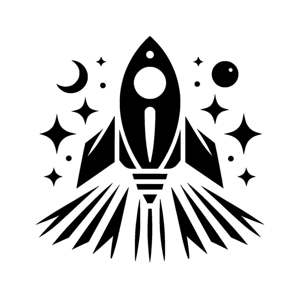 Stylized black and white rocket ship silhouette amidst stars, moon and planet, representing space exploration and dream. vector