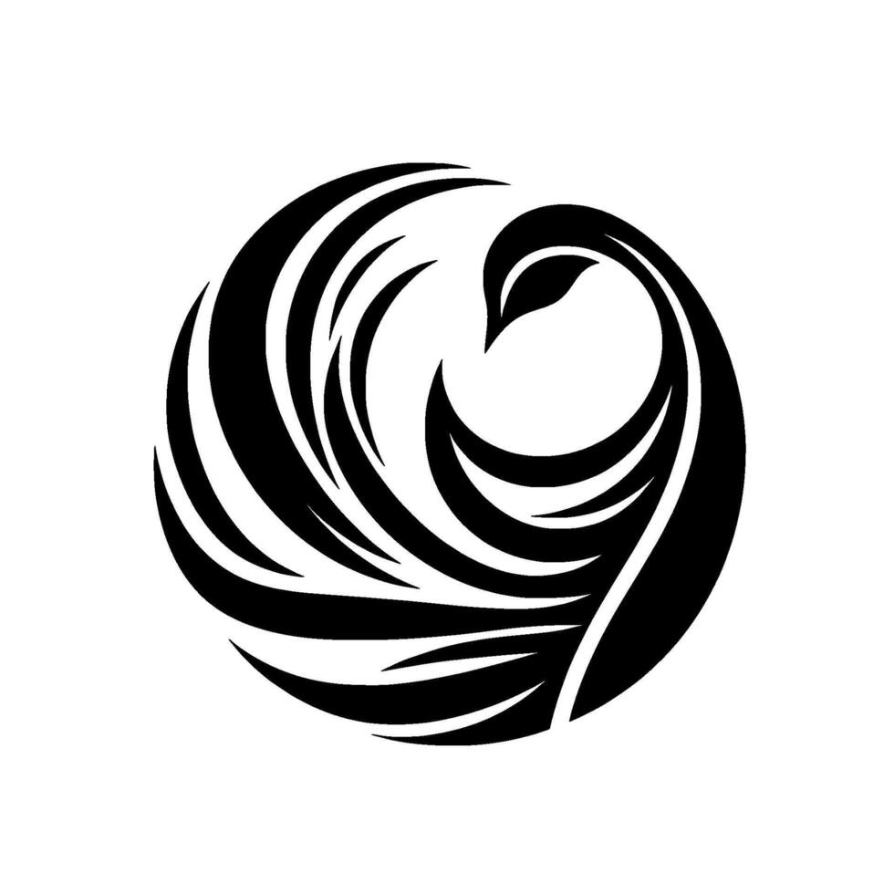 A stylized, monochromatic emblem of a birdlike form, composed of elegantly curved black shapes within a circular composition against a clean white backdrop. vector