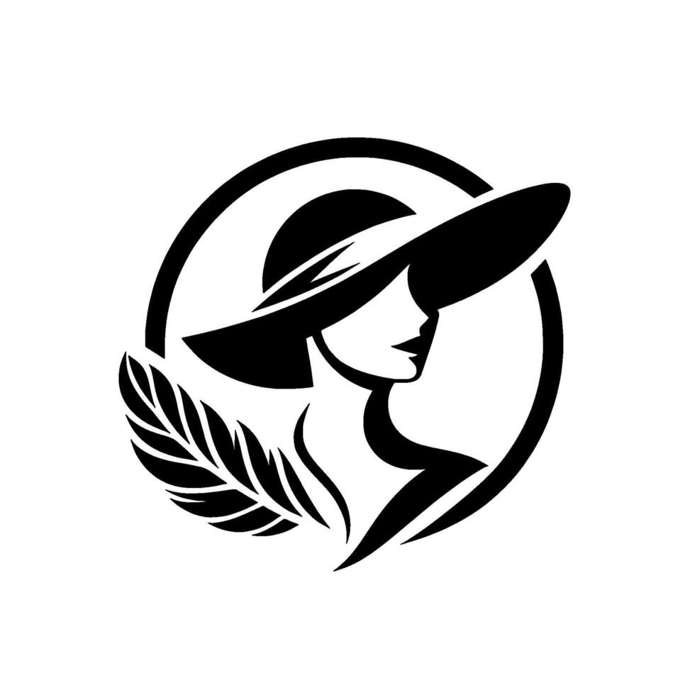 Elegant silhouette a chic woman in a floppy hat with a feathered accent, encircled by a bold black frame on a white background. vector