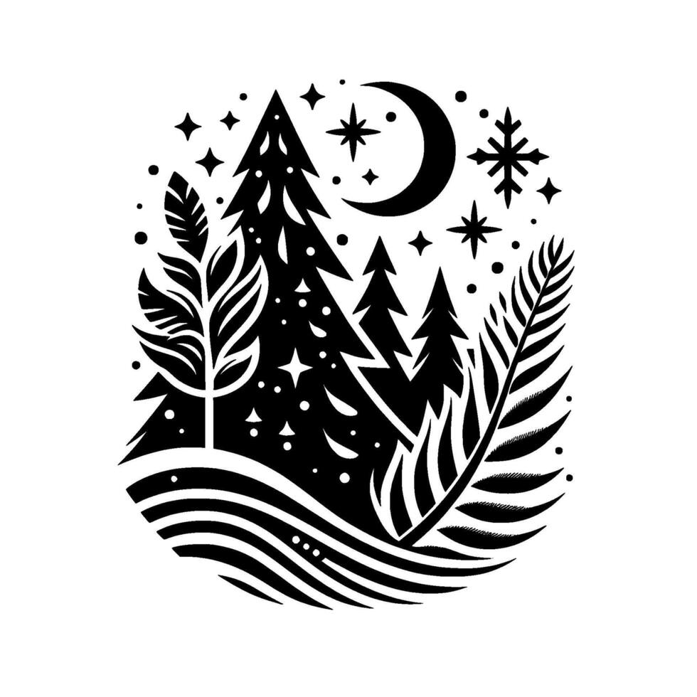 A stylized, black and white winter landscape featuring a crescent moon, stars, a snowflake, evergreen trees, stylized foliage, and a flowing ground. vector