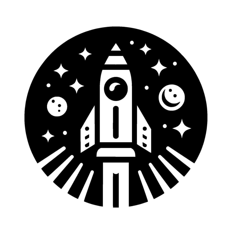 Black and white illustration rocket ship launching into space, encircled by stars, moon, and comet in a minimalist style. vector