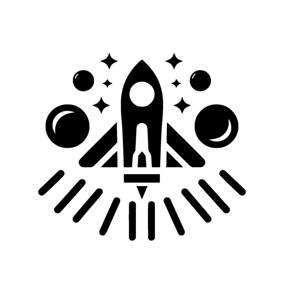 Black and white minimalist illustration of a rocket blasting off, surrounded by stylized planets and stars, representing space exploration and adventure. vector