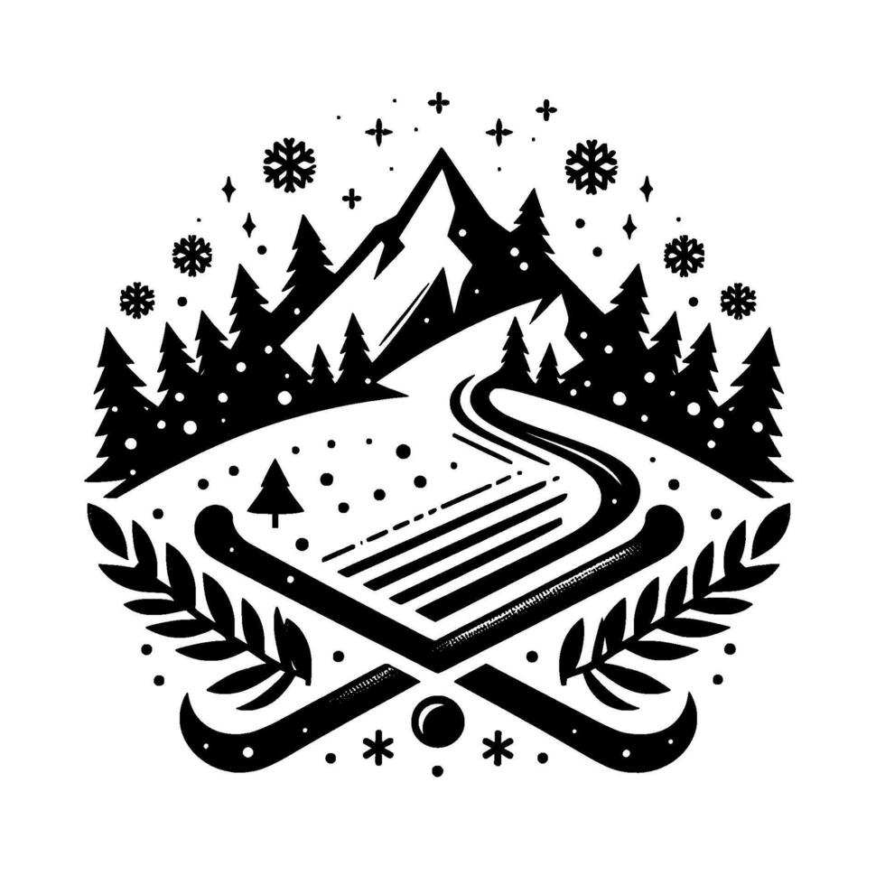 A stylized winter emblem featuring a snowy mountain, ski tracks, crossed skis, evergreen trees, snowflakes, and decorative foliage in a symmetrical circular composition. vector