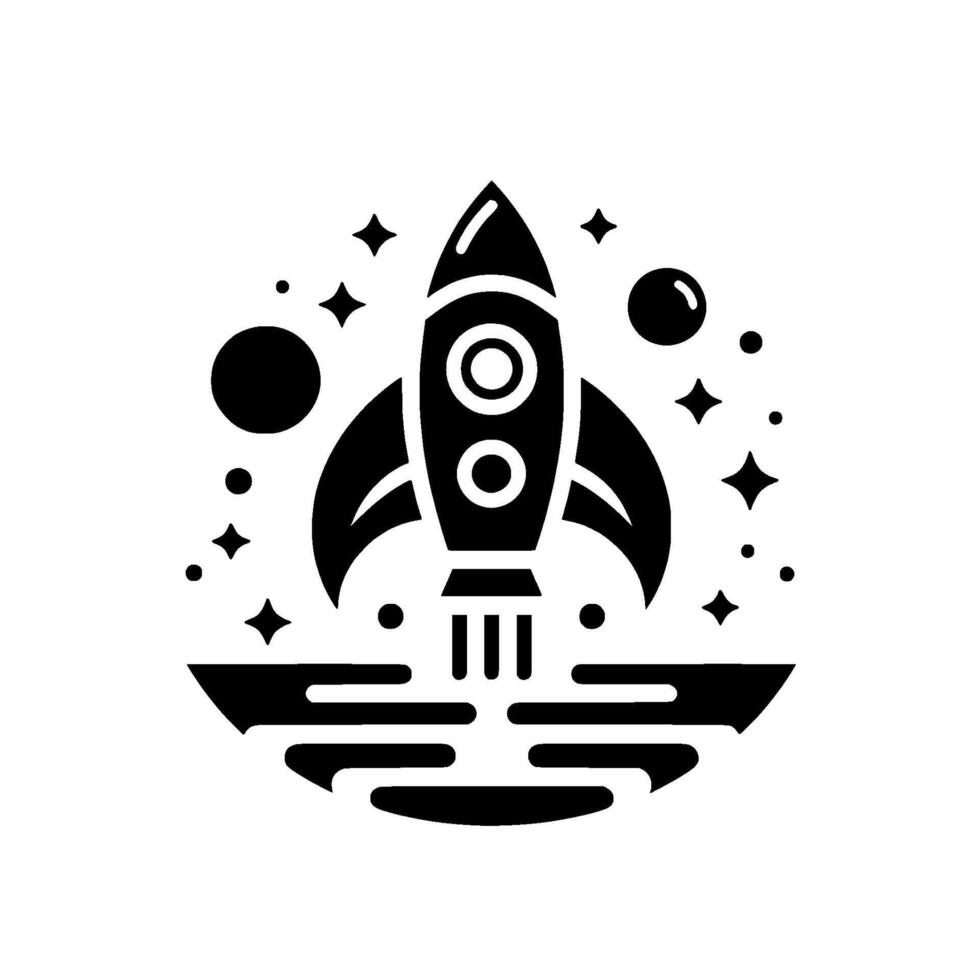 Black and white rocketship blasting off amidst stars and planets, minimalist illustration. vector