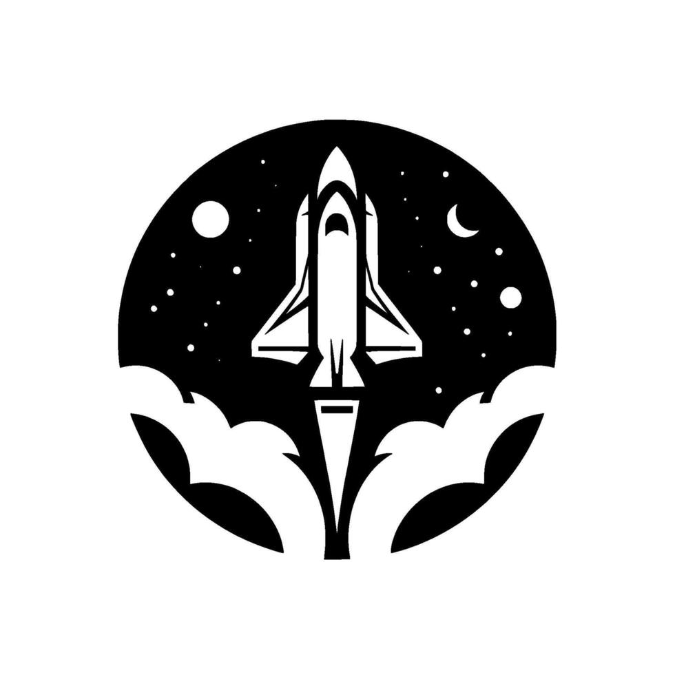 A monochrome illustration of a stylized space shuttle soaring into space, framed within a black circular border filled with stars, a moon, and clouds. vector