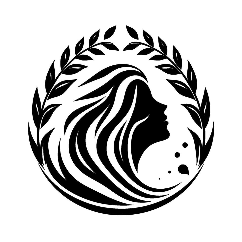 Elegant black and white silhouette of a womans profile within a circular laurel wreath, exuding serenity and grace, a minimalist design. vector
