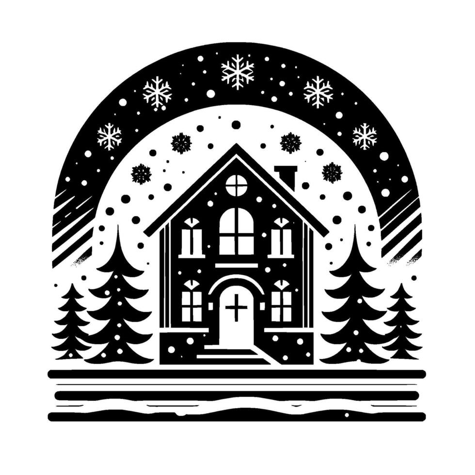 Winter wonderland a stylized, monochrome illustration of a cozy house with snowflake accents, encircled by a decorative arch and evergreen trees, evoking a festive, charming ambiance. vector