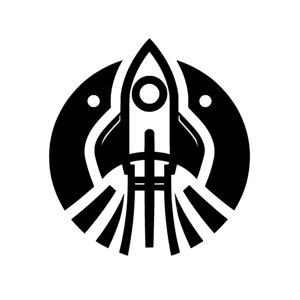 Monochromatic stylized featuring a rocket blasting off within a textured circle, with two flanking dots, suggesting space travel and innovation. vector
