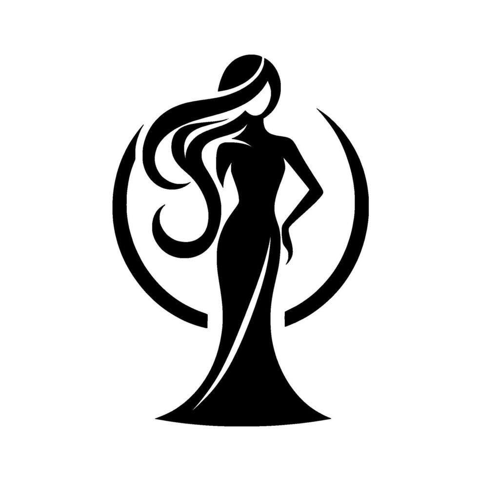 Elegant silhouette a blackandwhite illustration of a woman in a flowing gown, encircled by a crescent, exuding grace and confidence. vector