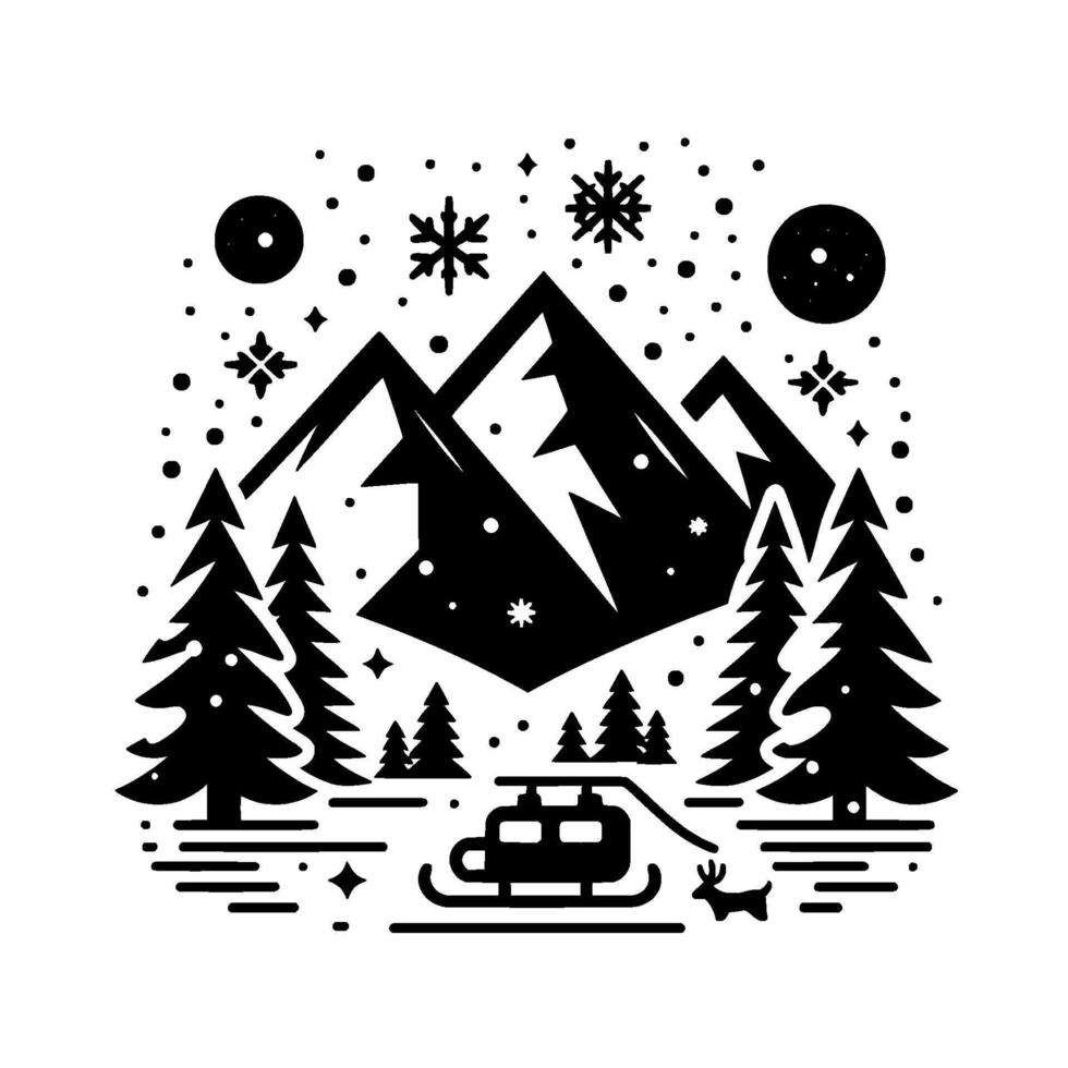 Monochrome winter scene with majestic mountains, towering fir trees, a sleigh with a vehicle, and snowflakes falling amidst celestial elements. vector