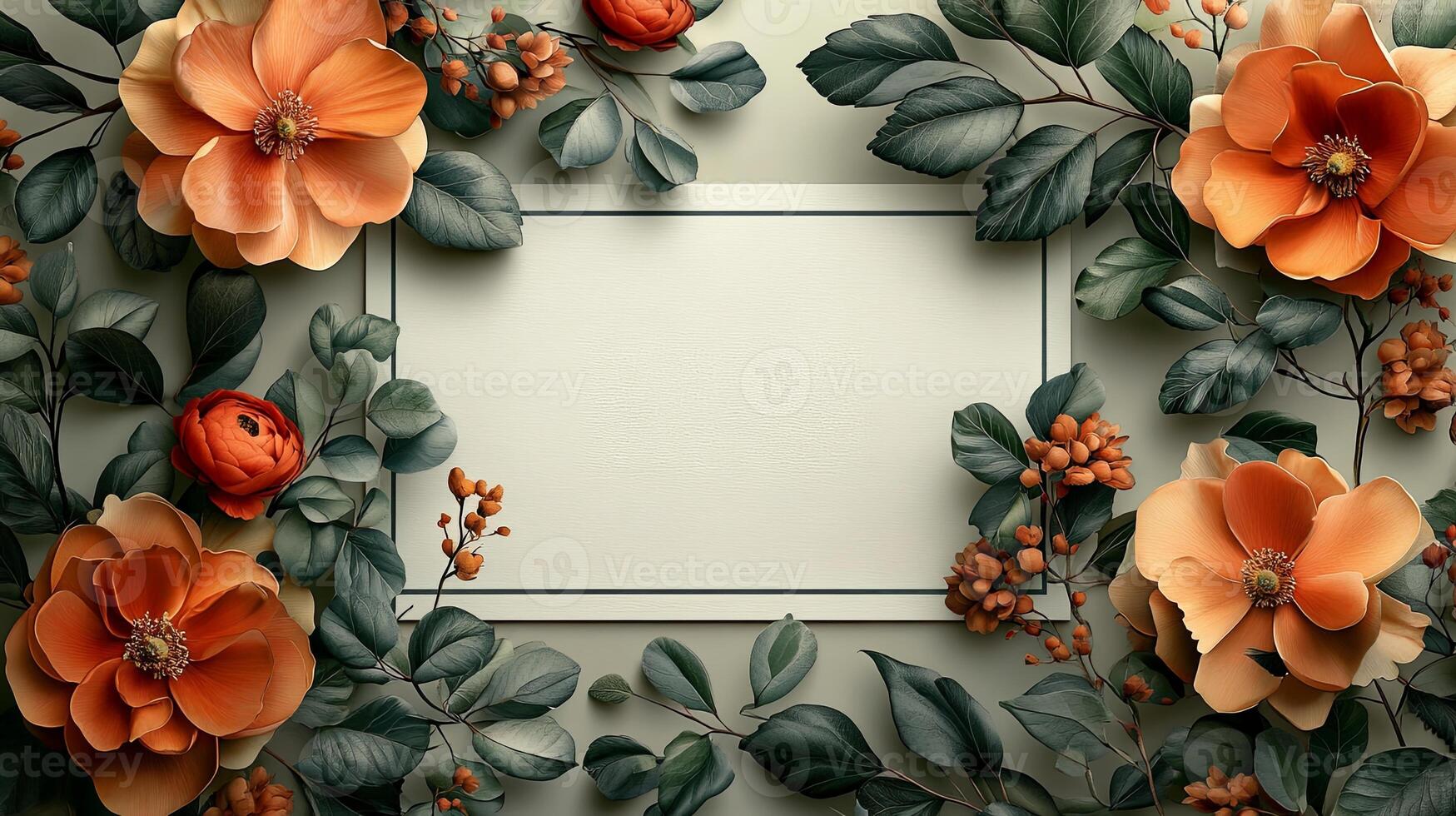 Delicate floral arrangement with orange flowers and green leaves surrounding a blank space for customization photo