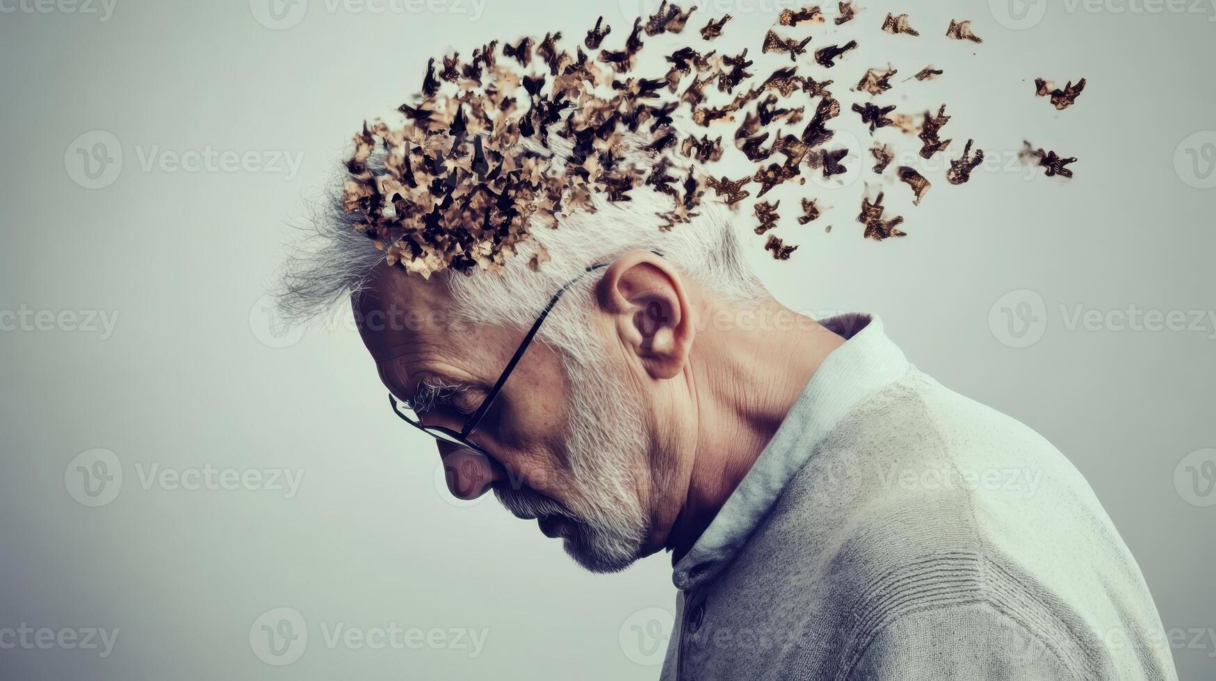 Elderly man with gray hair and glasses contemplates as autumn leaves symbolize his fading memories in a serene, artistic setting photo