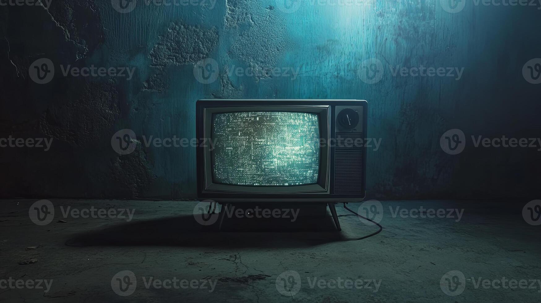 Old television set displaying static against a textured wall in a dimly lit environment during the evening photo