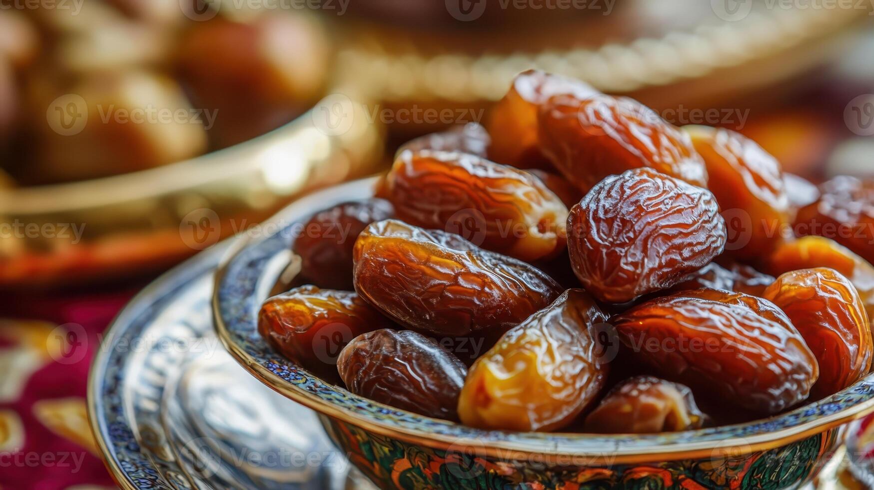 Freshly harvested dates displayed in an ornate bowl at a traditional market during the late afternoon in a culturally rich region photo