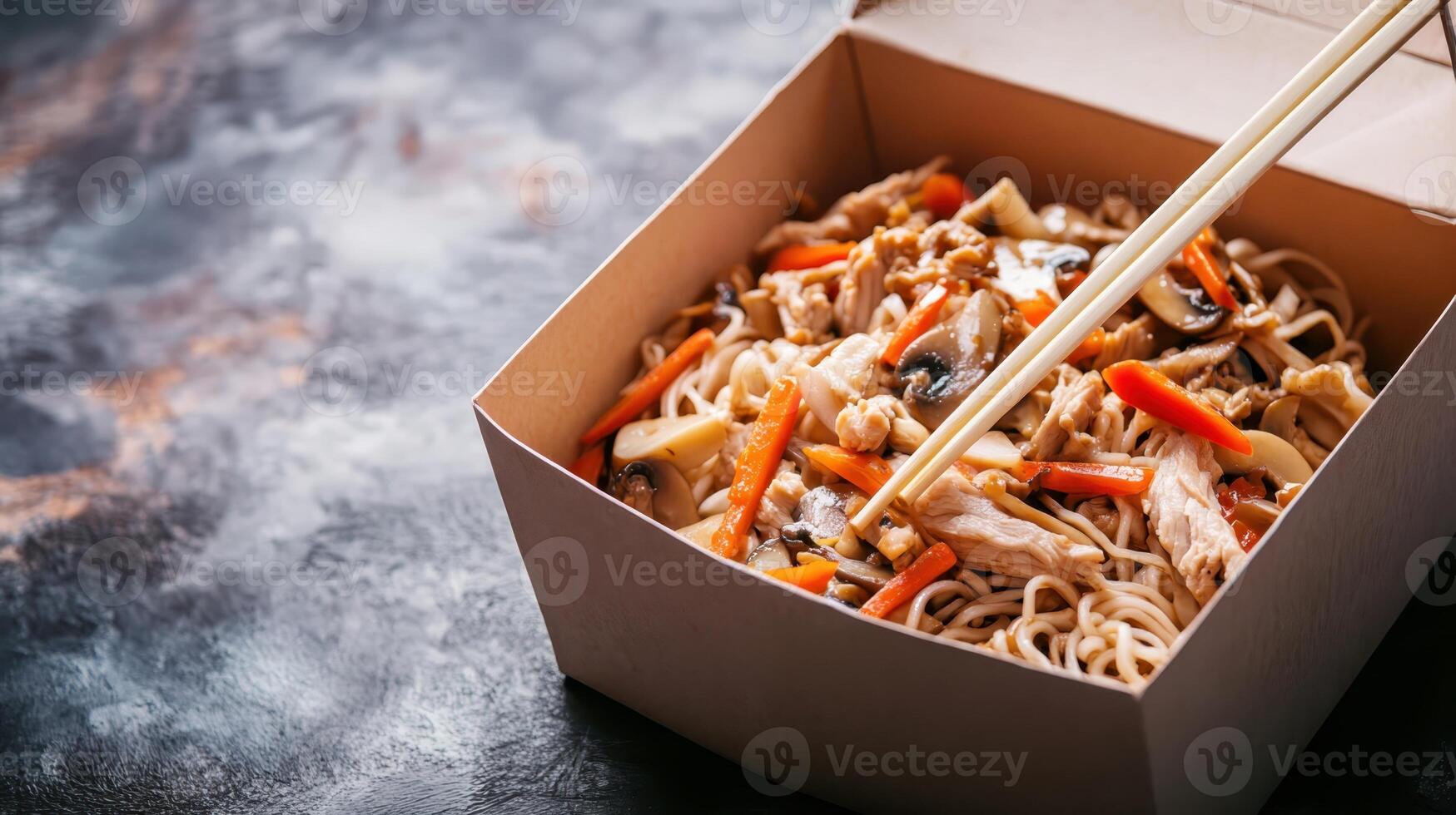 Noodles served in a takeout box with vegetables and chicken, captured at a cozy dining spot in the early evening photo