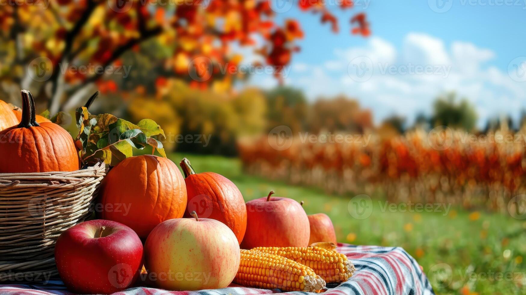 Colorful autumn harvest with pumpkins, apples, and corn on a table against a vibrant landscape of fall foliage in an outdoor setting photo