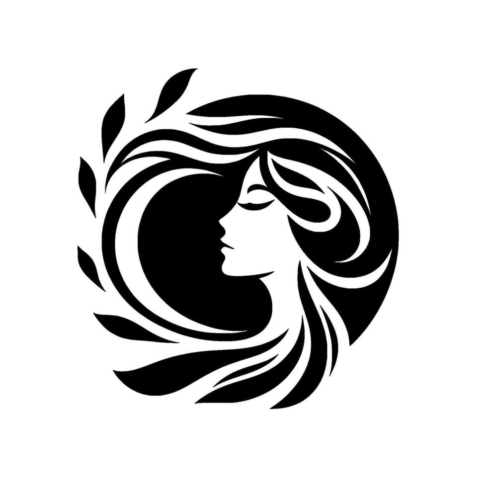 Silhouette of a womans face with long flowing hair and leaf accents, enclosed in a stylized black circle, representing elegance and natural beauty. vector