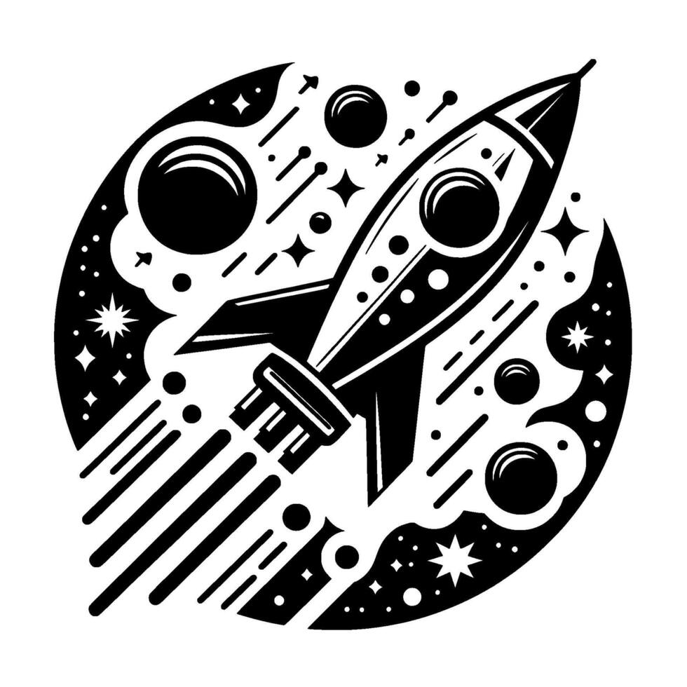 Retrostyle of a rocket ship blasting off amidst stars, planets, and a circular cosmic background, evoking a sense of adventure and exploration. vector