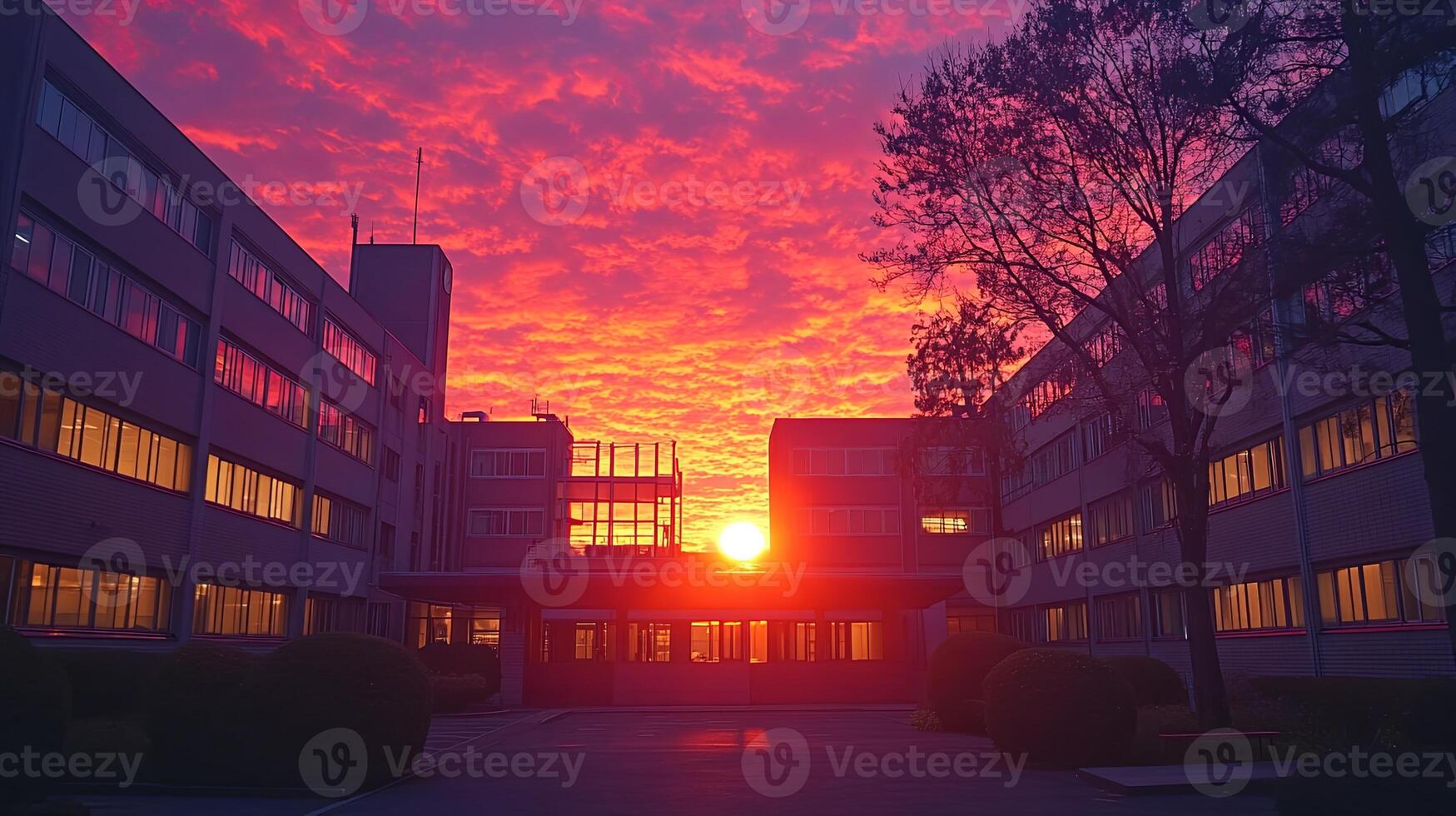 Captivating sunset illuminates school buildings creating a surreal atmosphere during late afternoon hours photo