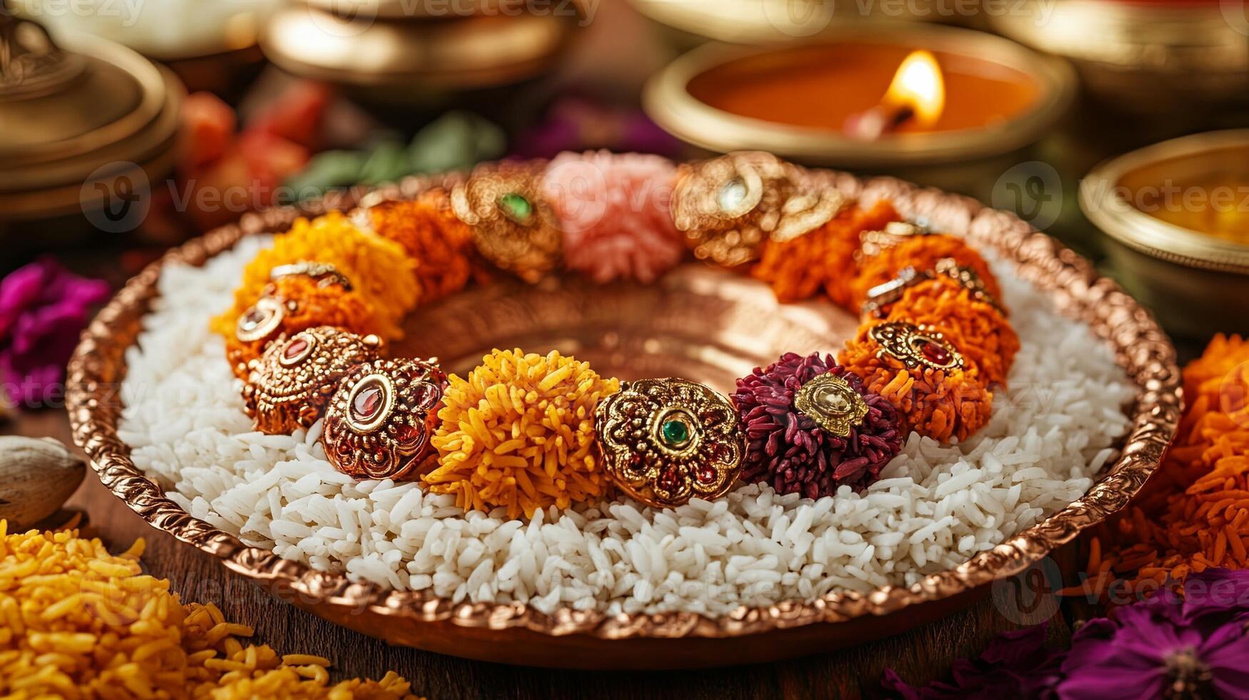 Celebrating Raksha Bandhan with traditional sweets rice grains kumkum and diya on decorative plate during festive family gathering in India photo