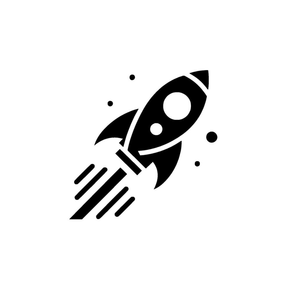 Simplified black rocket ship with trail and stars ascending on a blank canvas, illustrating space exploration. vector