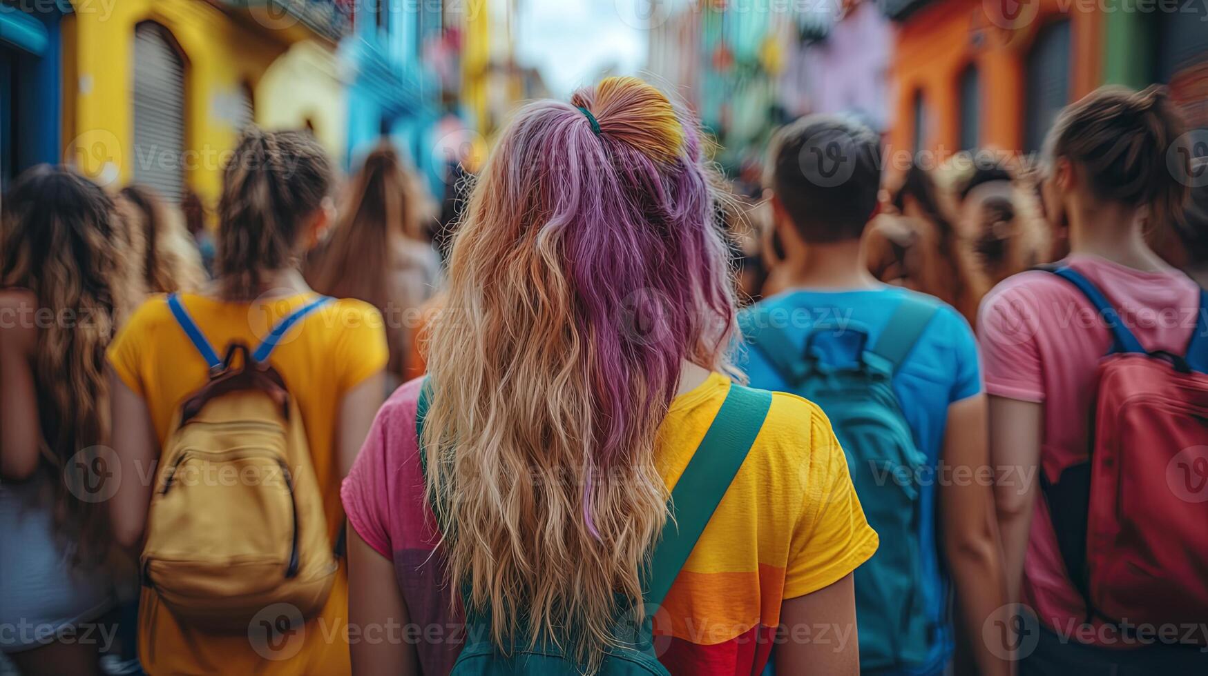 Group of diverse friends celebrating love and unity during a colorful pride event in a bustling city street with vibrant buildings photo