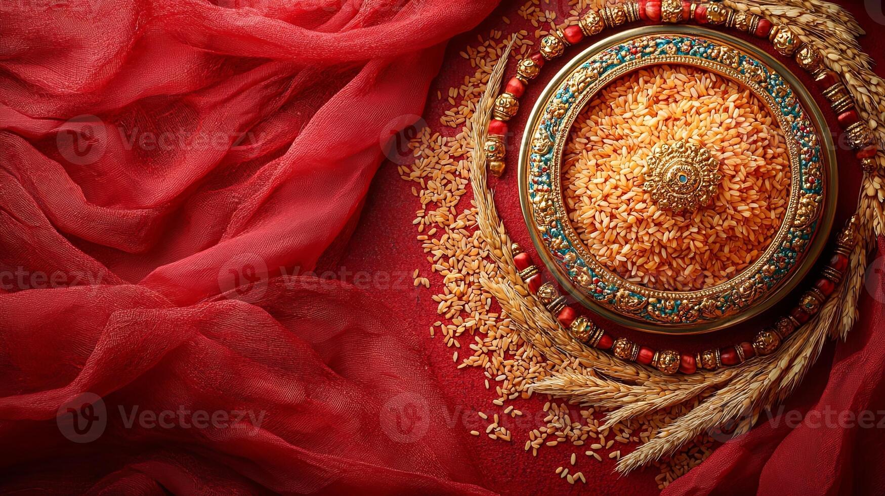 Celebration of Raksha Bandhan with Rakhi and Rice Grains on a vibrant red cloth background in a traditional setting photo