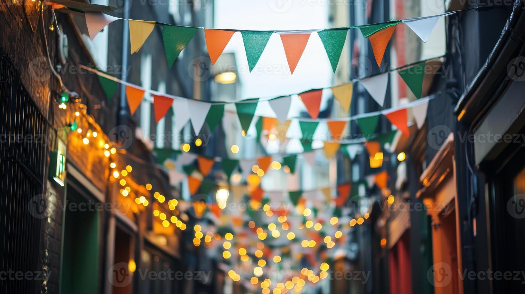 Colorful bunting and fairy lights adorn a vibrant alleyway during a festive evening celebration in an urban setting photo