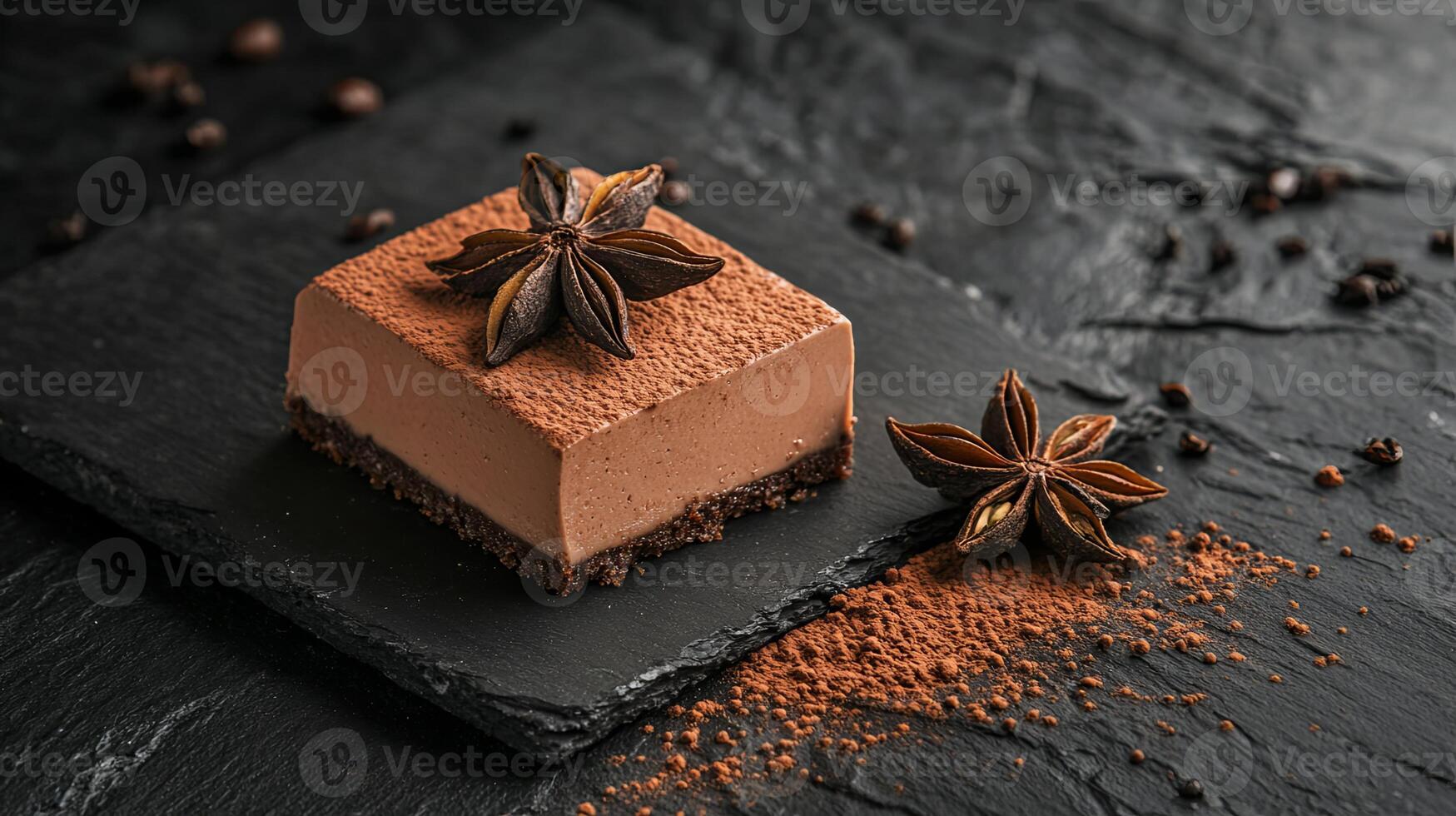 Delicious tiramisu piece topped with star anise and cocoa laid on a textured black slate background photo