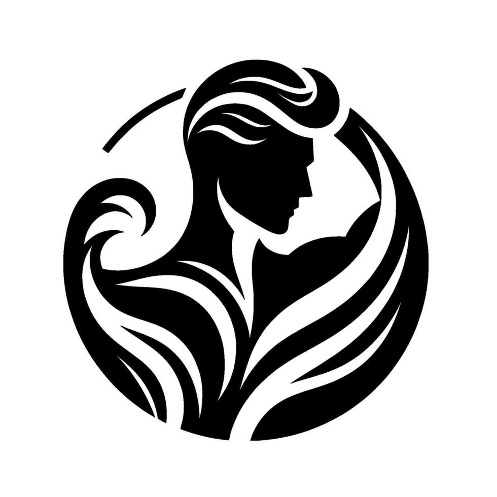 Silhouette of a muscular man in profile with abstract black waves and swirls encasing him, fitness logo. vector