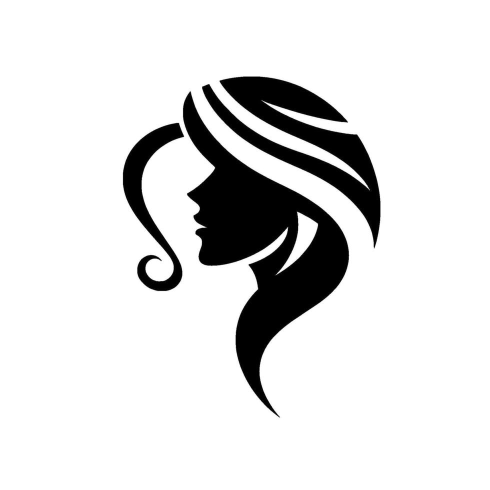 Elegant black and white silhouette of a womans profile with flowing hair, depicting beauty, grace, and femininity, suitable for branding or design. vector