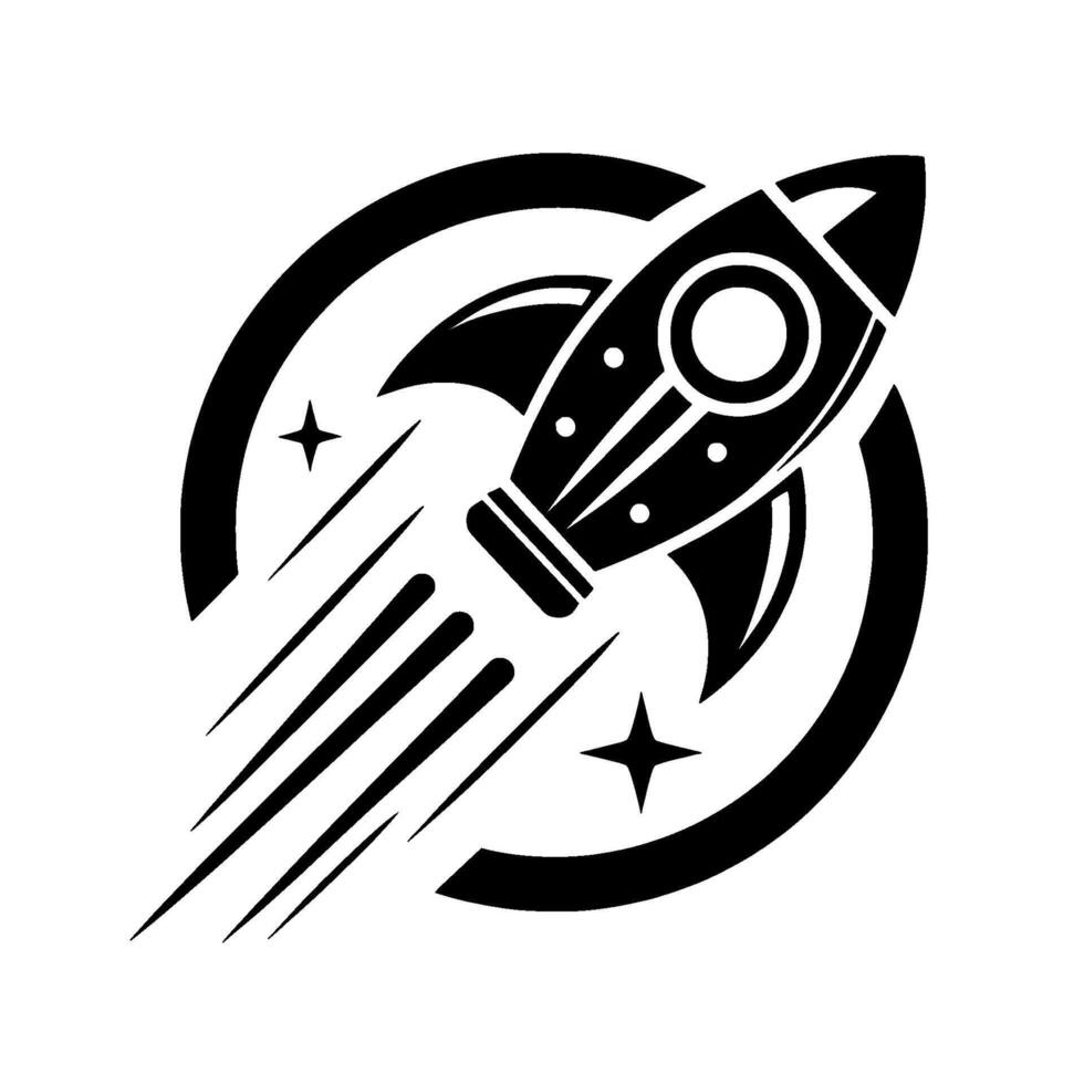 Bold monochrome emblem of a rocket ship blasting off within a stylized circular frame, with shooting star lines and star accents. vector