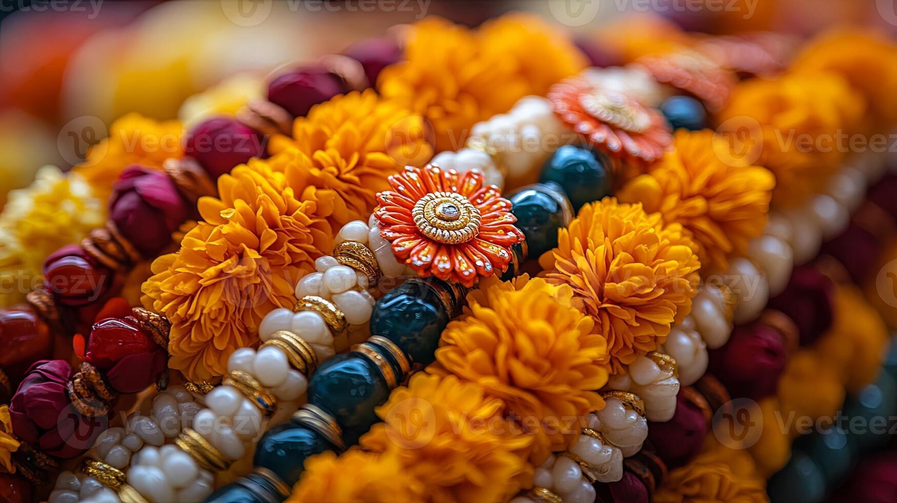 Celebration of Raksha Bandhan with colorful rakhis and vibrant marigold flowers during the Indian festival in a joyful family setting photo
