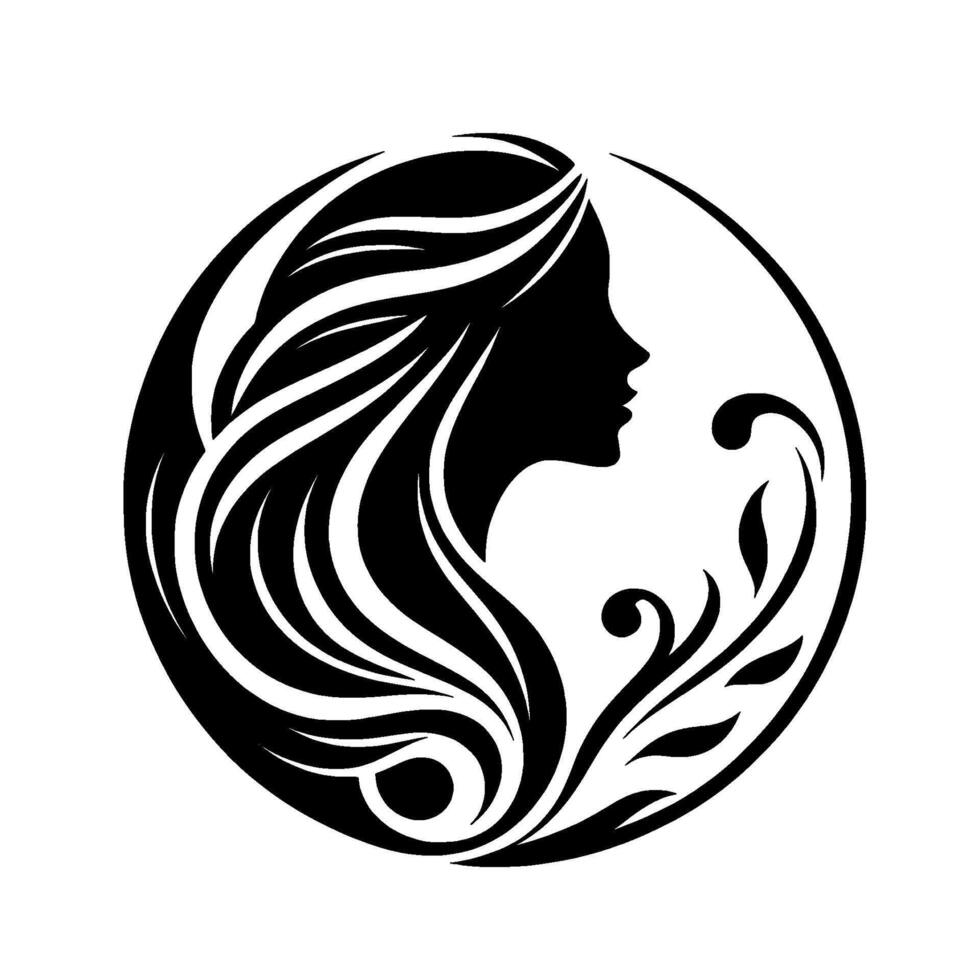 Elegant silhouette of a womans profile with flowing hair, enclosed by a circle with decorative floral accents, black and white. vector